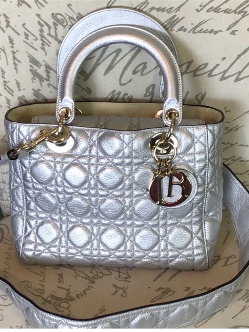 🔥AUTHENTIC LADY DIOR🔥Silver Quilted Leather Tote Bag